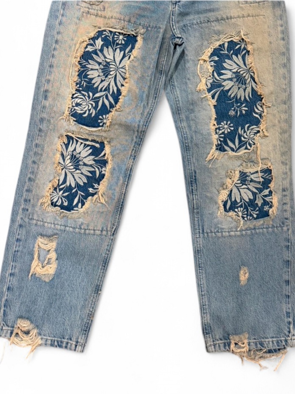 Free People Desert Rose Floral Patchwork Distressed Straight Leg Jeans - Picture 7 of 8